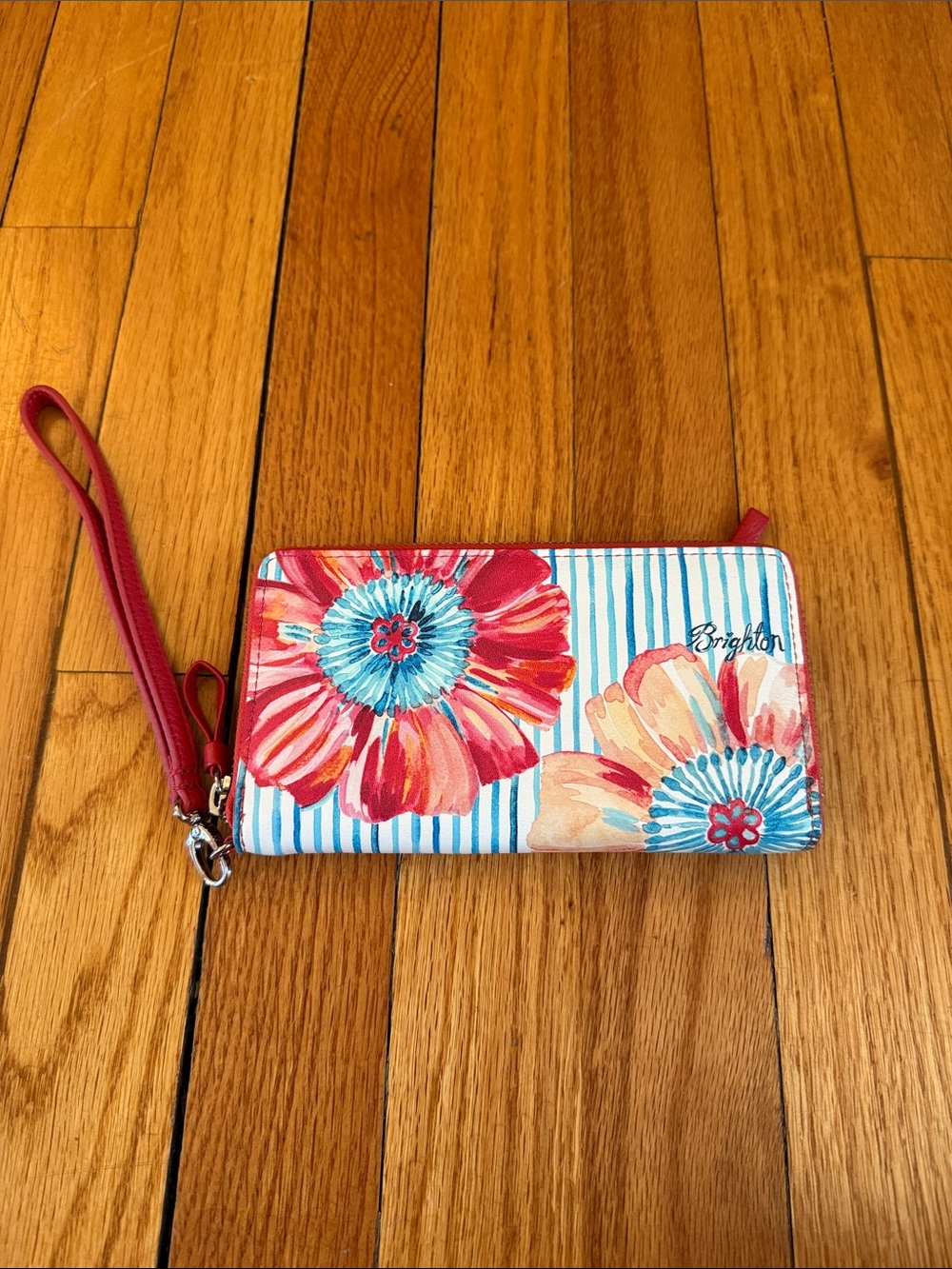 Brighton Red Leather Wristlet with Floral-Striped Trim